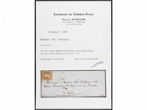 ✉ FRANCIA. Yv. 9a. 1853. PARÍS correo interior. 10 cts. bist