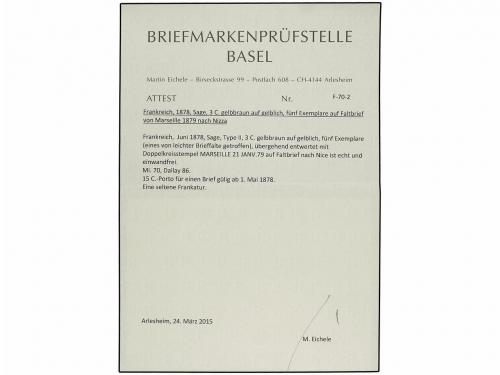 ✉ FRANCIA. Yv. 86 (5). 1873. MARSELLA a NICE. 3 cts. amarill