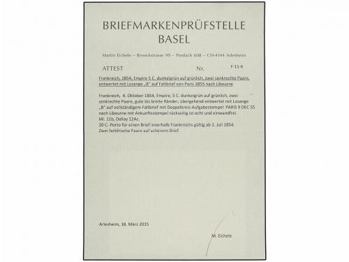 ✉ FRANCIA. Yv. 12 (4). 1855. PARÍS a LIBOURNE. 5 cts. verde 