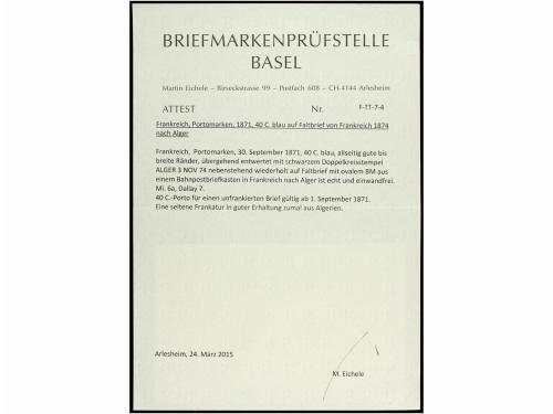 ✉ ARGELIA. 1874. AUMDLE a ALGER. Carta tasada a la llegada c