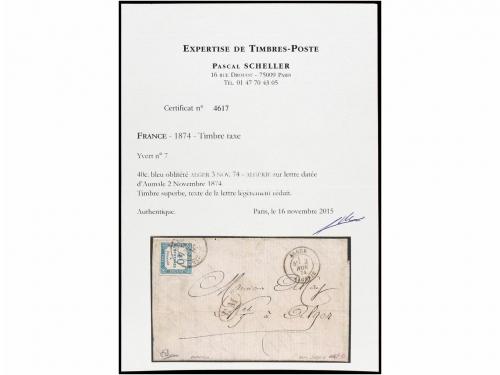 ✉ ARGELIA. 1874. AUMDLE a ALGER. Carta tasada a la llegada c