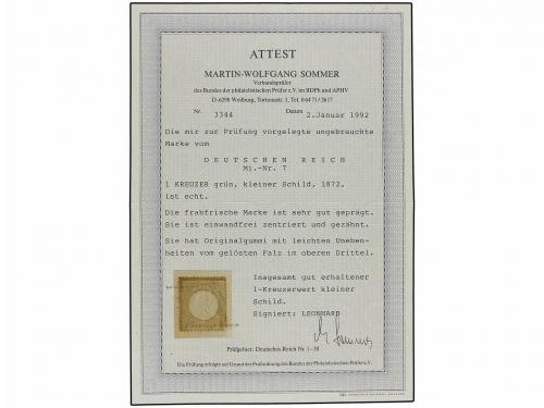 * ALEMANIA. Mi. 7. 1872. 1 kr. green. Original gum. Cert. SO