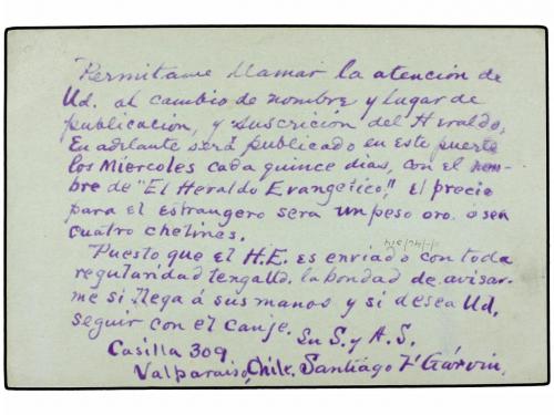 ✉ CHILE. 1895. VALPARAISO a COLOMBIA. Entero postal de 2 ctv
