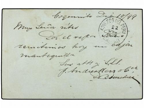 ✉ CHILE. 1899. COQUIMBO a CALLAO. Entero Postal de 2 ctvos. 
