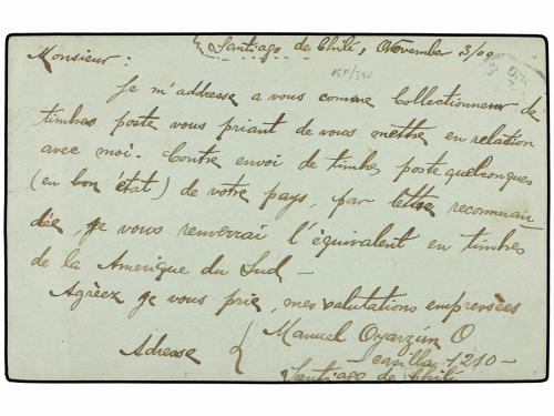 ✉ CHILE. 1900. SANTIAGO a ATENAS (Grecia). Entero Postal de 