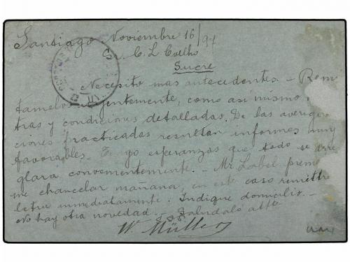 ✉ CHILE. 1897. SANTIAGO a SUCRE (Bolivia). Entero Postal de 