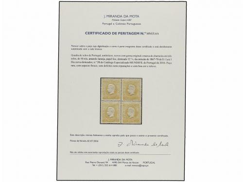 * PORTUGAL. 1866. 10 reis amarillo. Bloque de cuatro, excele