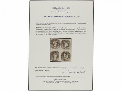 ° PORTUGAL. 1856. 5 reis, bloque de cuatro, mat. numeral "1"