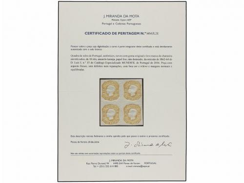 * PORTUGAL. 1862. 10 reis amarillo, bloque de cuatro. Excele