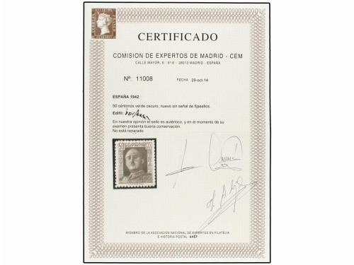 ** ESPAÑA. 50 cts. verde ENSAYO DE COLOR. MAGNÍFICO y MUY RA