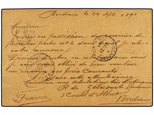 ✉ MACAO. 1891. BORDEAUX a MACAO (China). Entero Postal de 10