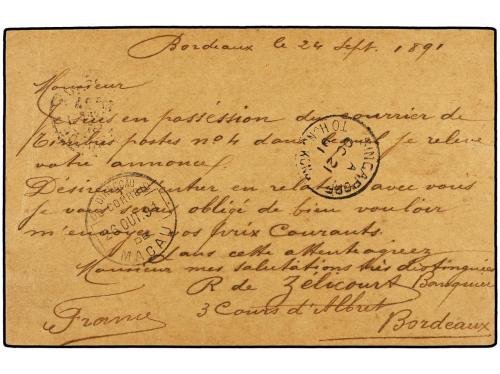 ✉ MACAO. 1891. BORDEAUX a MACAO (China). Entero Postal de 10