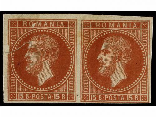 (*) RUMANIA. 1872. 15 b. redbrown, imperforate pair PRINTED