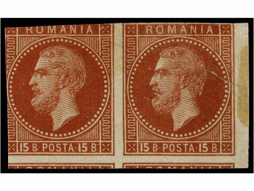(*) RUMANIA. 1872. 15 b. redbrown, imperforate pair PRINTED