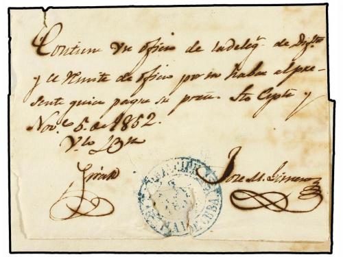 ✉ CUBA. 1852. SANCTI SPIRITUS a PRO. PRÍNCIPE. Fechador STI.