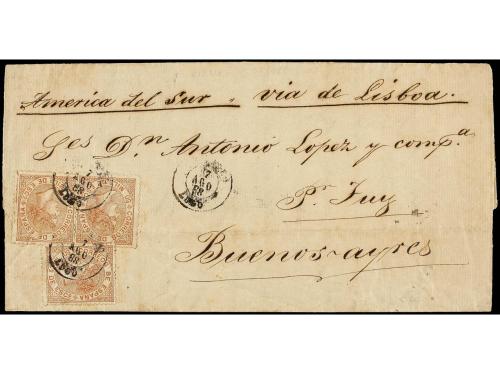 ✉ ESPAÑA. Ed. 96 (6). 1868. RIBADEO a BUENOS AIRES. 50 mils.