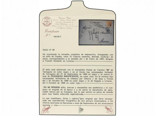 ✉ ESPAÑA. Ed. 89. 1868 (1 Octubre). TARRAGONA a LIVORNO (Ita