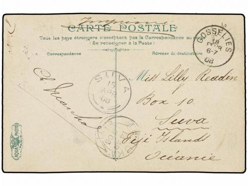 ✉ BELGICA. 1908. GOSSELIES to SUVA (Fiji Islands). Postcard 