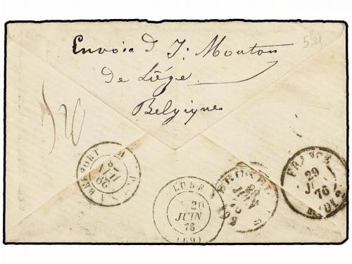 ✉ BELGICA. 1876. LIEGE to FRANCE. Envelope franked with 20 c