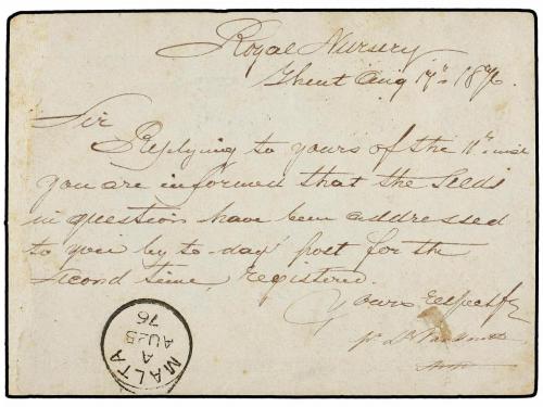 ✉ BELGICA. 1876. GAND to MALTA. 10 cts. black Postal Station