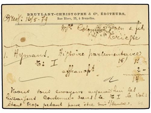 ✉ BELGICA. 1879. BRUXELLES to TRIESTE (Austria). 5 cts. lila