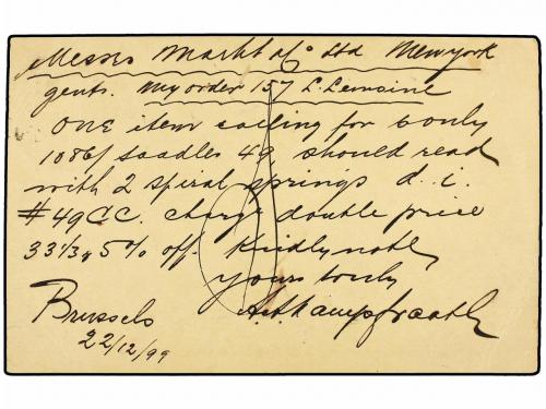 ✉ BELGICA. 1899. BRUXELLES to NEW YORK. 5 cts. green Postal 