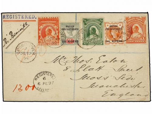 ✉ NIGERIA. 1896. OPOBO RIVER to ENGLAND. 1/2 d. (2), 1 d. an