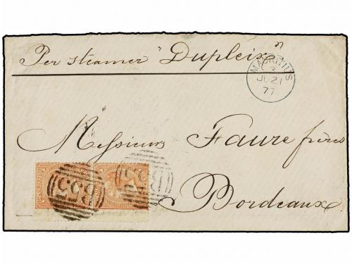 ✉ MAURICIO. 1877. MAURITIUS to FRANCE. Envelope franked with
