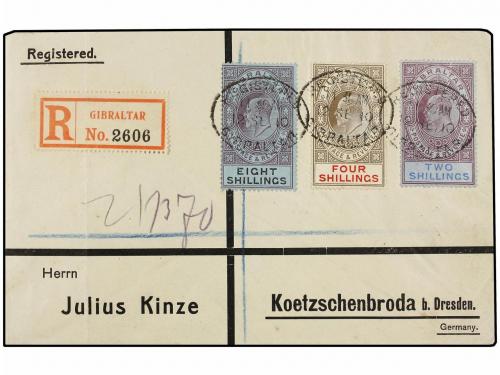 ✉ GIBRALTAR. 1910. GIBRALTAR to GERMANY. 2 sh., 4 sh. and 8 