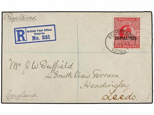 ✉ LEVANTE: CORREO INGLES. 1913. SMYRNA to ENGLAND. 24 piastr