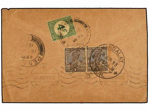 ✉ BIRMANIA. 1933. MANDALAY (Burma) to MALACCA. Envelope fran