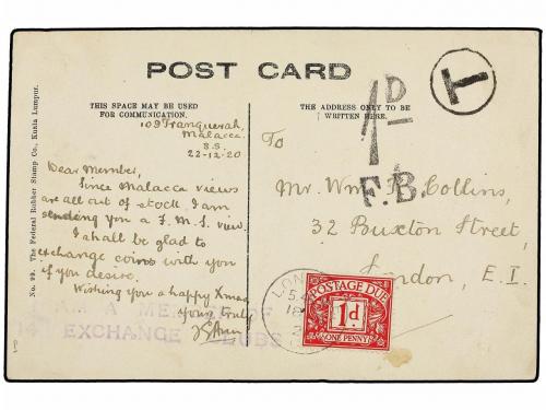 ✉ MALAYA. 1919. MALACCA to LONDON. Postcard franked with two