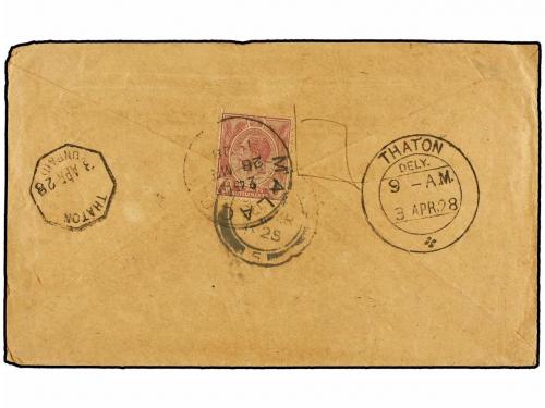 ✉ MALAYA. 1928. MALACCA to THATON (Burma). Envelope franked 