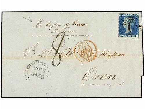 ✉ GIBRALTAR. 1858. GIBRALTAR a ORAN (Argelia). 2 d. azul, ma