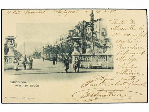 ✉ ESPAÑA. Ed. 218. 1899. MÁLAGA a FRANCIA. Tarjeta postal es