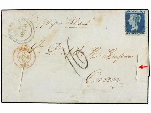 ✉ GIBRALTAR. 1858. GIBRALTAR a ORAN (Argelia), 2 d. azul, ma