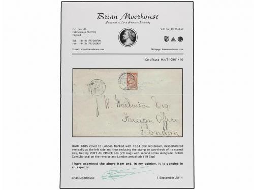 ✉ HAITI. 1885. PORT AU PRINCE a LONDON. 20 cts. castaño DENT