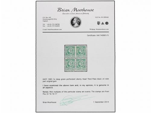 **/* HAITI. 1885. 5 cent. verde, pl. III. Bloque de cuatro.