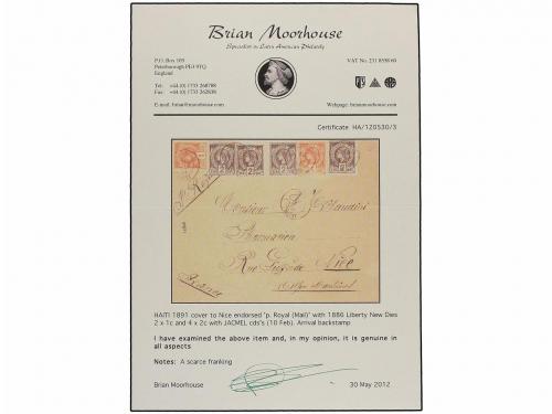 ¿ HAITI. 1891. JACMEL a FRANCIA. 1 cto. bermellón (2) y 2 ct