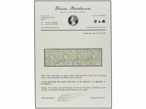 ° HAITI. Sc. 20 (4). 1886. 5 cts. verde. Tira de cuatro, mat