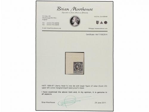 HAITI. 1886. 5 cts. negro ENSAYO DE COLOR SIN DENTAR. Cert.