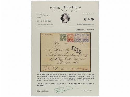 ¿ HAITI. 1888. JEREMIE a USA. 5 cts. verde y 1 cto. carmín y