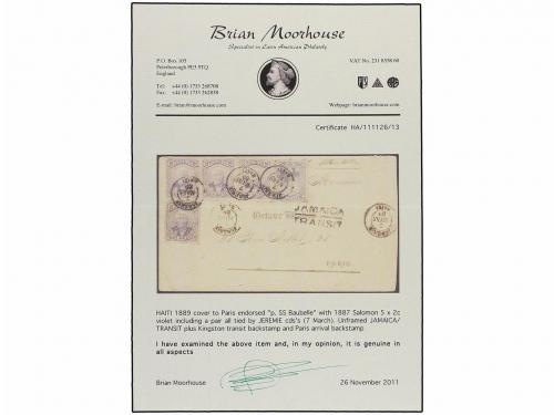 ¿ HAITI. 1889. JEREMIE a PARÍS. 2 cts. violeta (5) (tira de