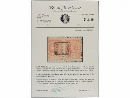 ° HAITI. 1881. 1 cto. rojo. PERFORACIÓN PRIVADA 12,75 (la pe