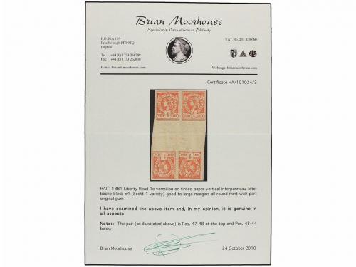 * HAITI. 1881. 1 cto. rojo. Dos parejas con interpanel TETE-