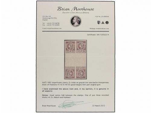 * HAITI. 1881. 2 cts. violeta. Bloque de cuatro con interpan