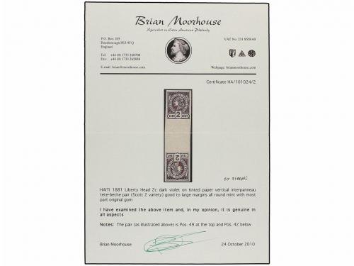 * HAITI. 1881. 2 cts. violeta. Pareja vertical con interpane