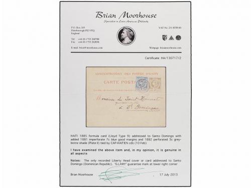 ¿ HAITI. 1885. CAP HAITIEN a STO. DOMINGO. Tarjeta Postal of