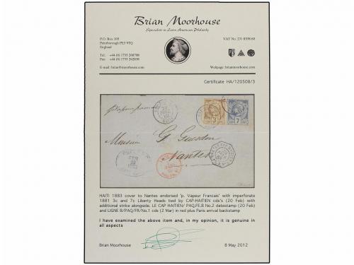 ¿ HAITI. 1883. CAP HAITIEN a NANTES (Francia). 3 cents. cast