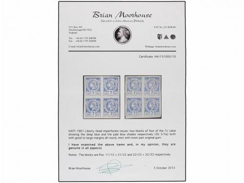 **/* HAITI. 1881. 7 cents. azul. Dos bloques de cuatro en co